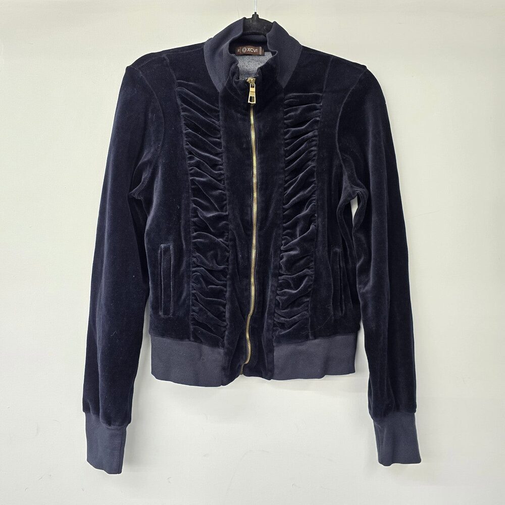 XCVI Black Velvet Ruched Front Zip Up Light Jacket Size M